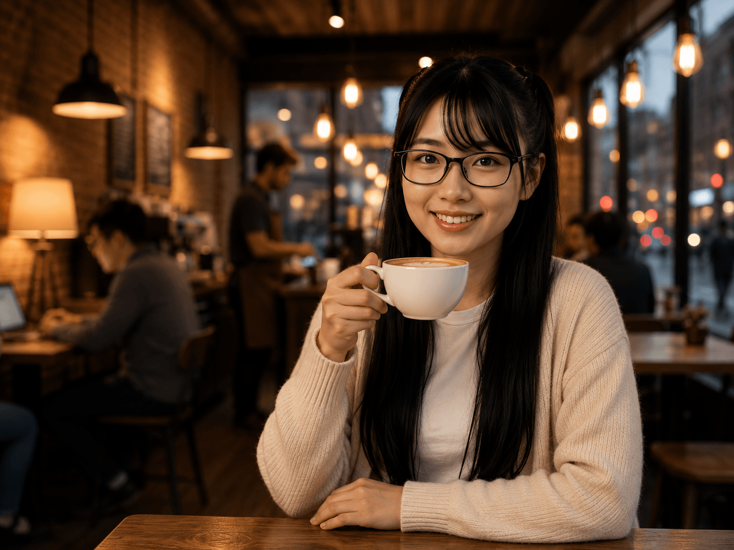 Yumi Aizawa enjoying coffee inside a warm Tokyo café