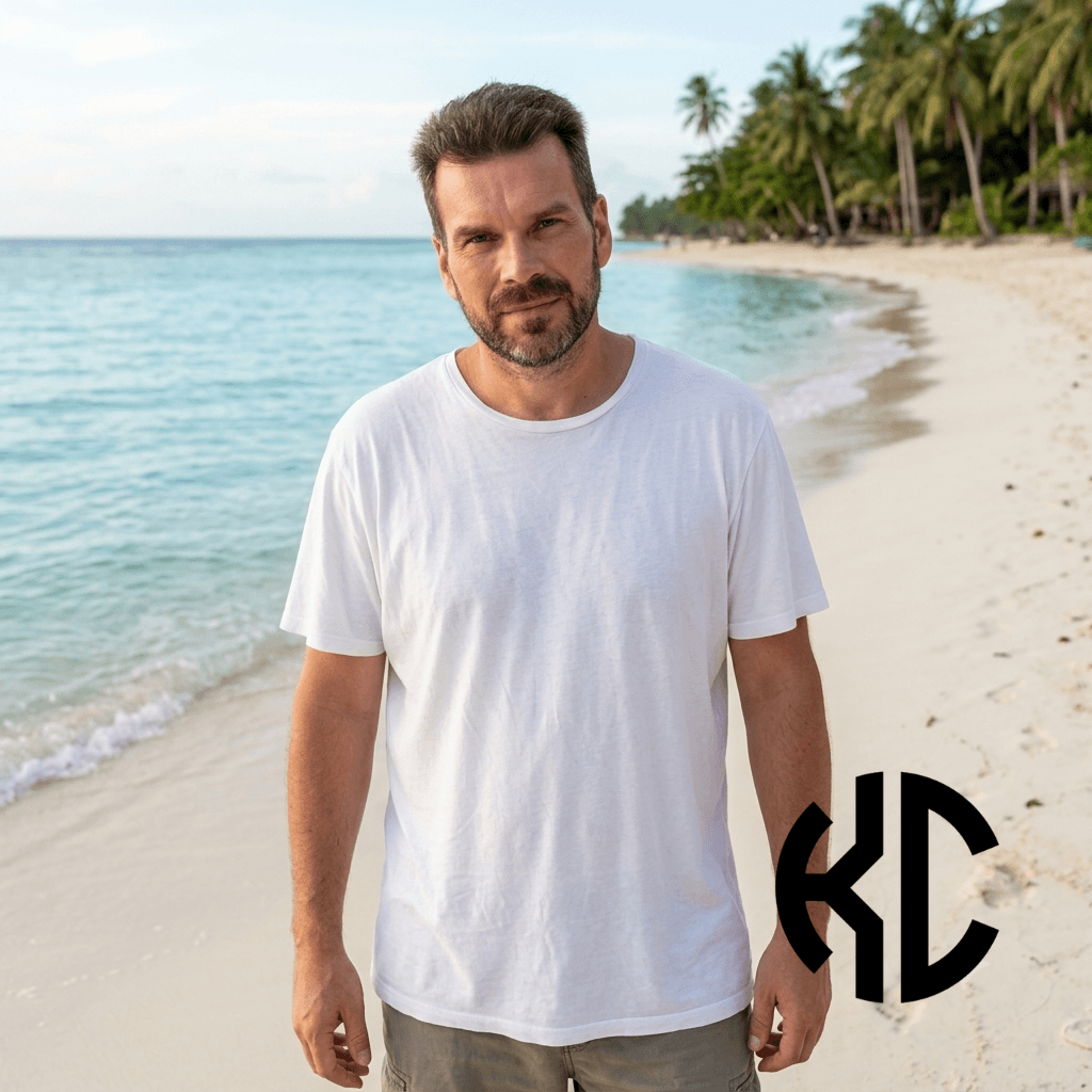 Karel smiling on Siargao beach in the sunshine