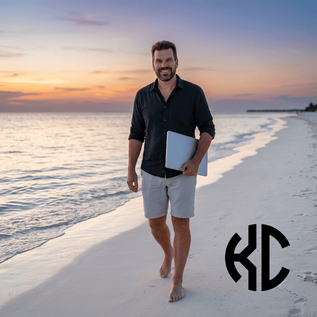 Karel walking barefoot on Siargao beach at dusk with a laptop under his arm