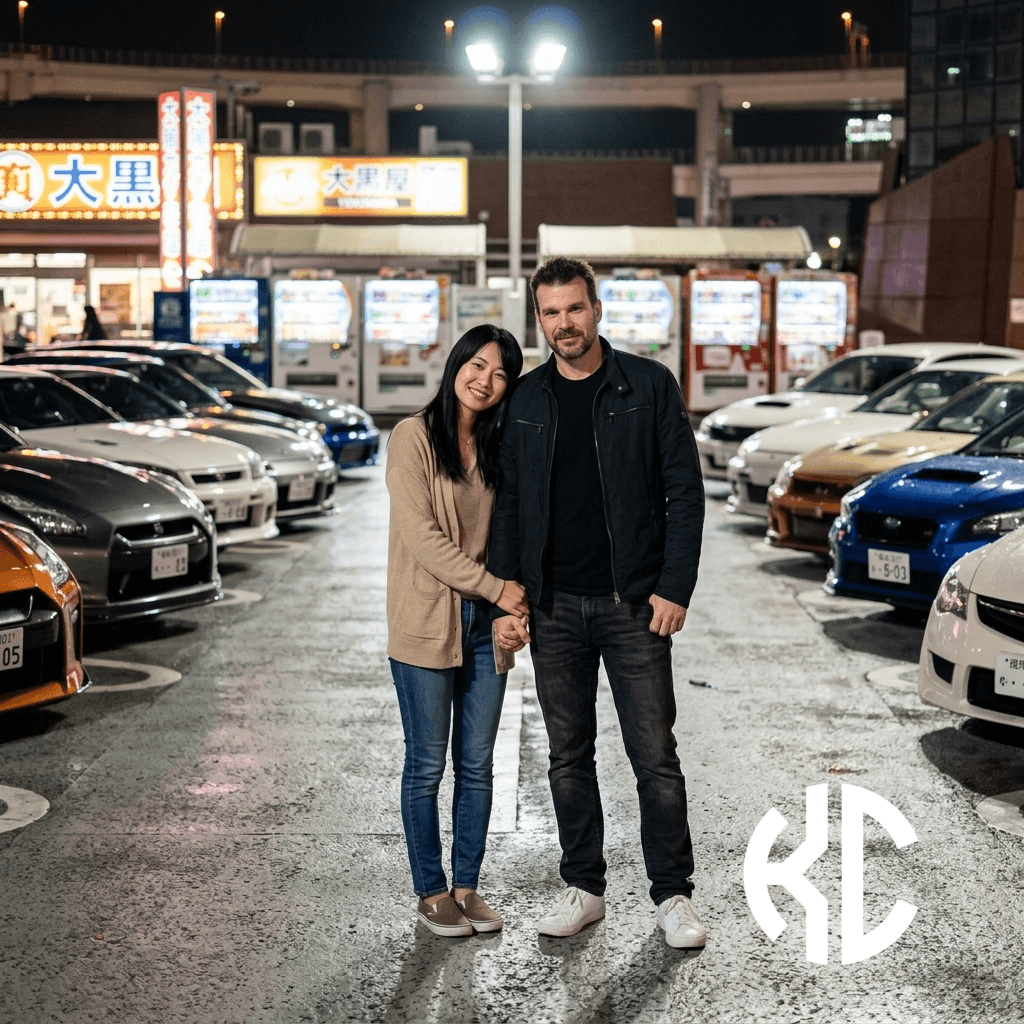 Karel and his girlfriend at Daikoku PA surrounded by legendary JDM cars