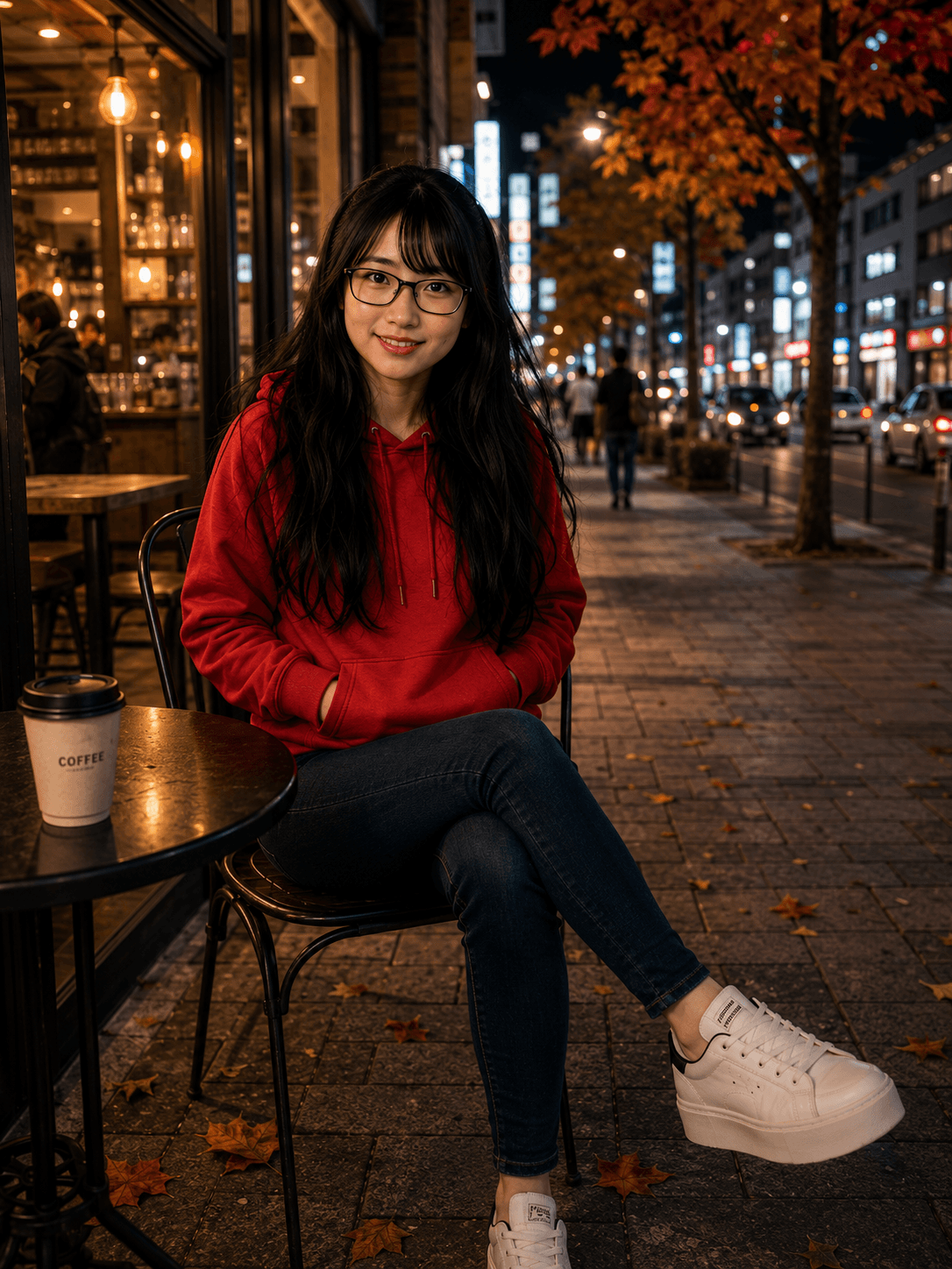 Yumi Aizawa outside a coffee shop in Tokyo at night wearing a red hoodie