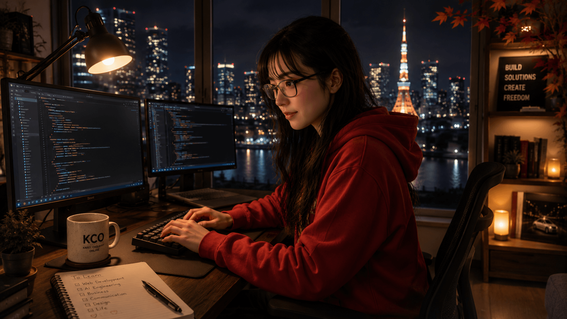 Yumi Aizawa working late at night on code in a Tokyo apartment