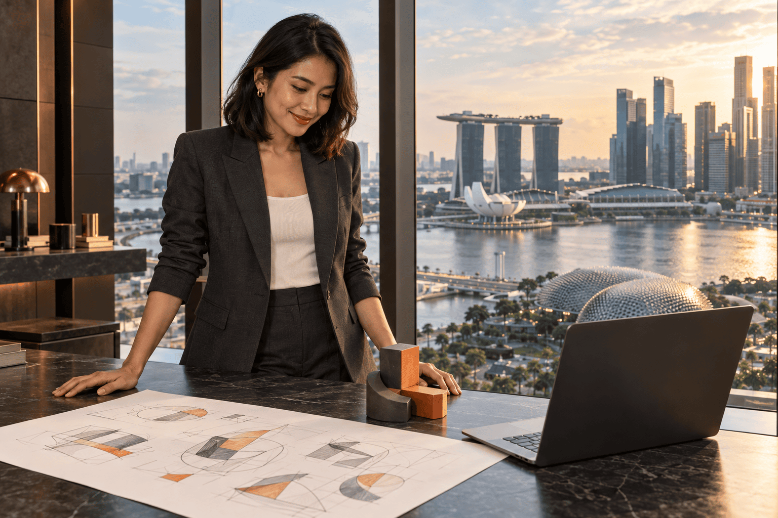 Founder developing a digital product concept in a Singapore workspace overlooking Marina Bay.