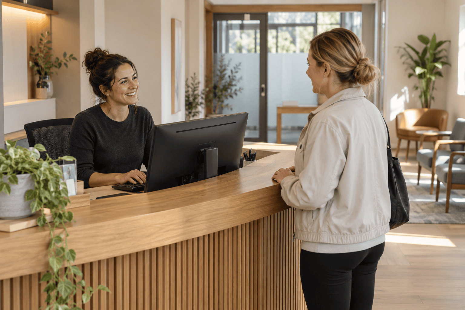 A receptionist welcoming a visitor at a bright independent clinic