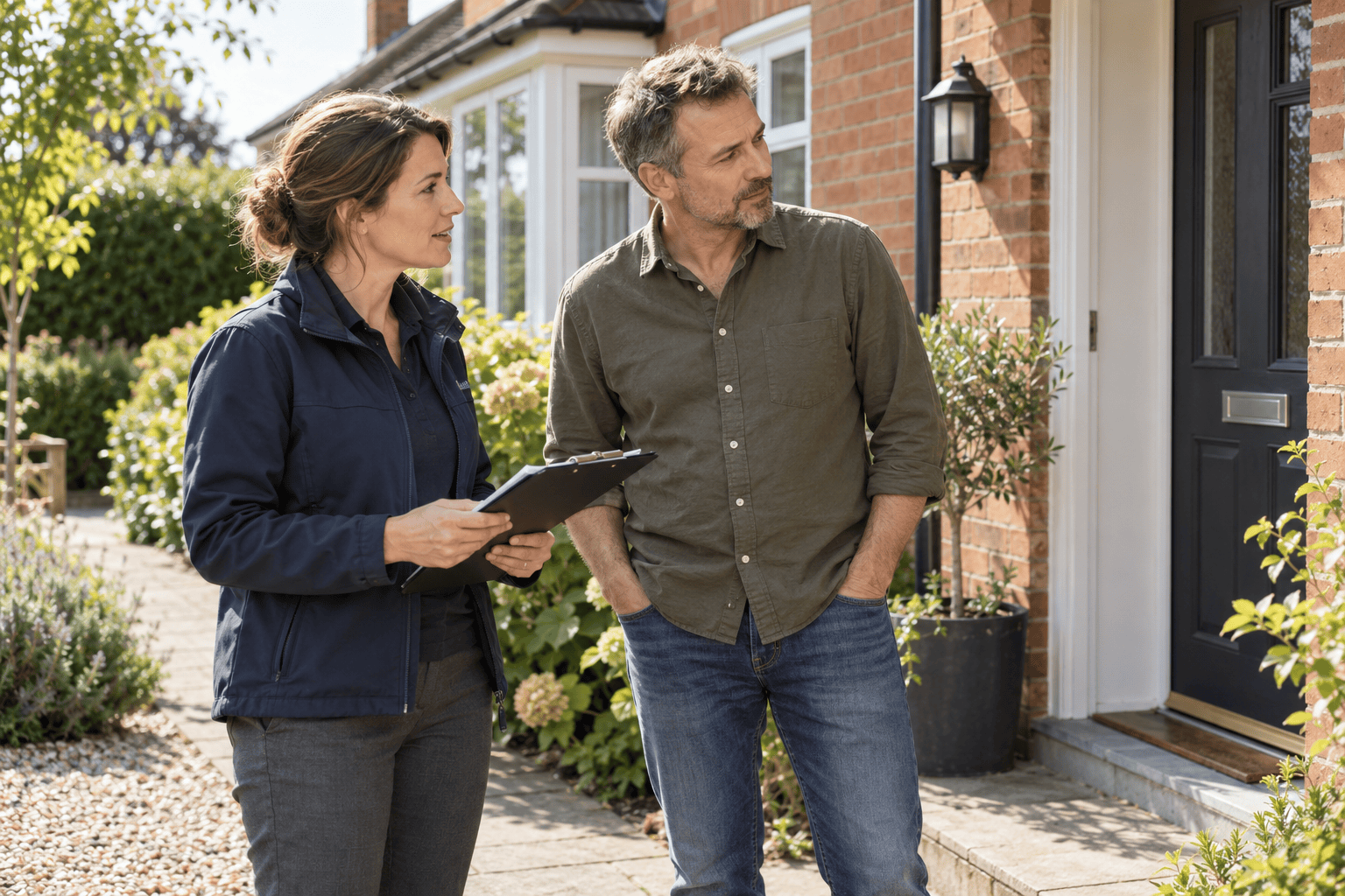 A property surveyor discussing a house with its owner