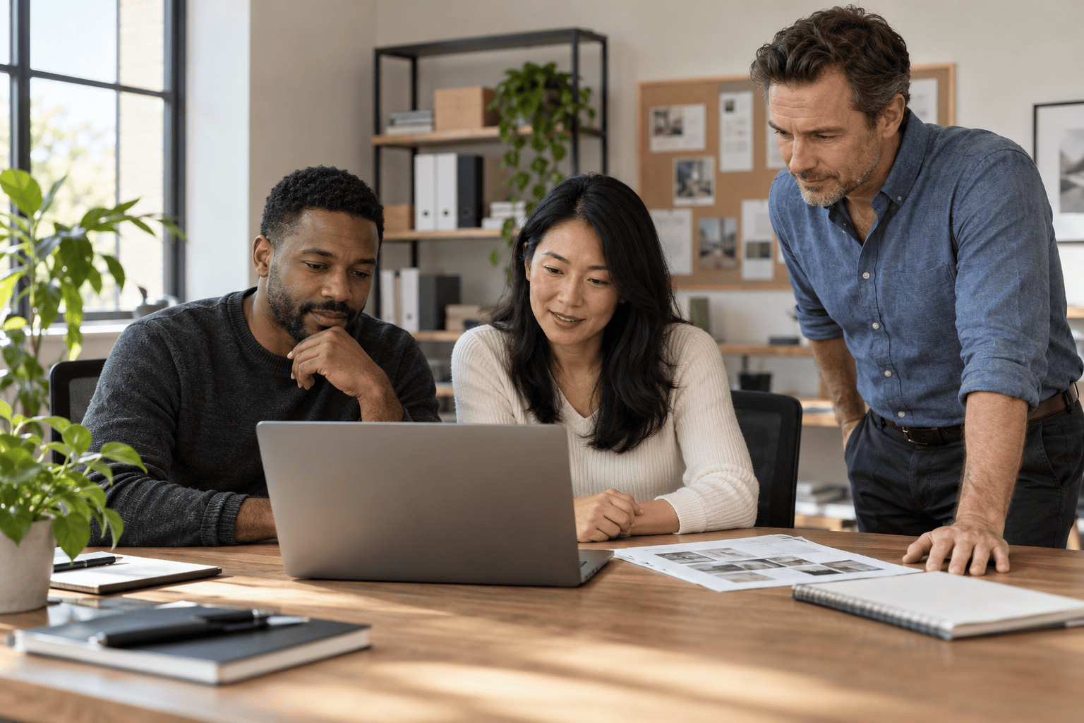 Three colleagues coordinating a client project in a practical office