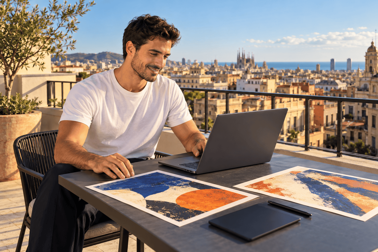 A digital artist reviewing original work on a sunny Barcelona rooftop terrace