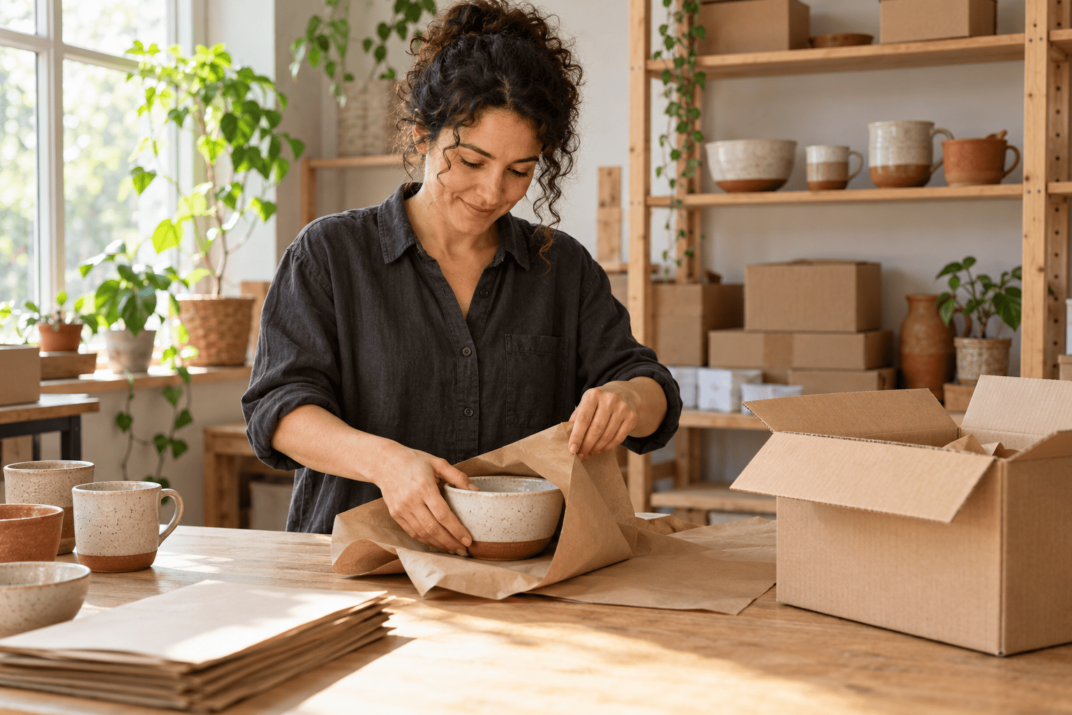 An independent homeware seller wrapping a ceramic bowl for dispatch