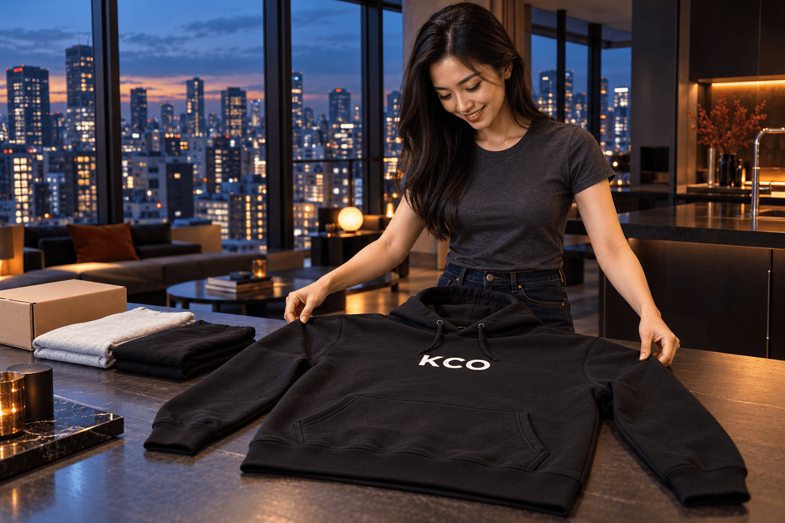 An apparel entrepreneur reviewing a KCO hoodie in a Tokyo apartment overlooking the city