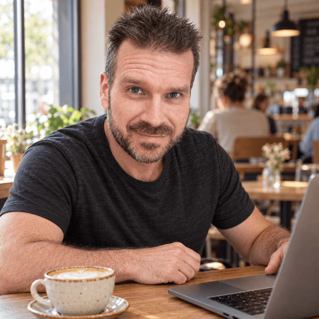 AI-generated scene: Karel seated at a coffee-shop table with a laptop and cappuccino