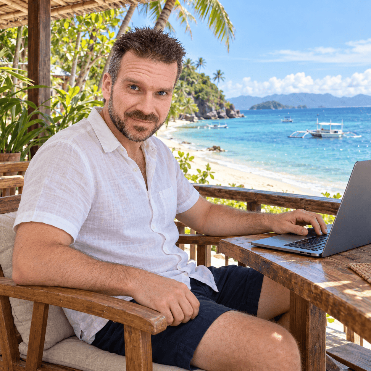 AI-generated scene: Karel working on a laptop on a shaded terrace overlooking a tropical beach