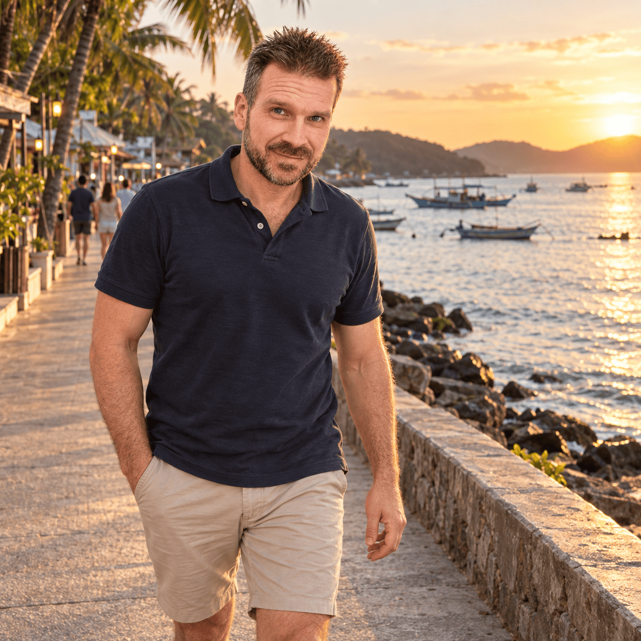 AI-generated scene: Karel strolling along a seaside promenade in evening sunshine