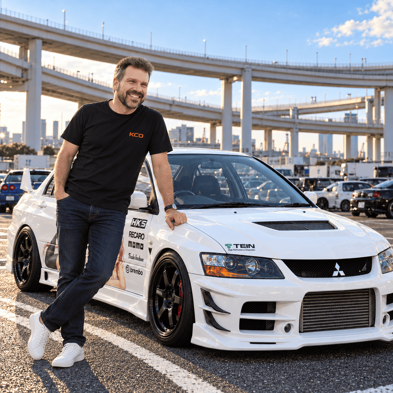 AI-generated scene: Karel leaning beside a white modified Mitsubishi Evo at Daikoku PA
