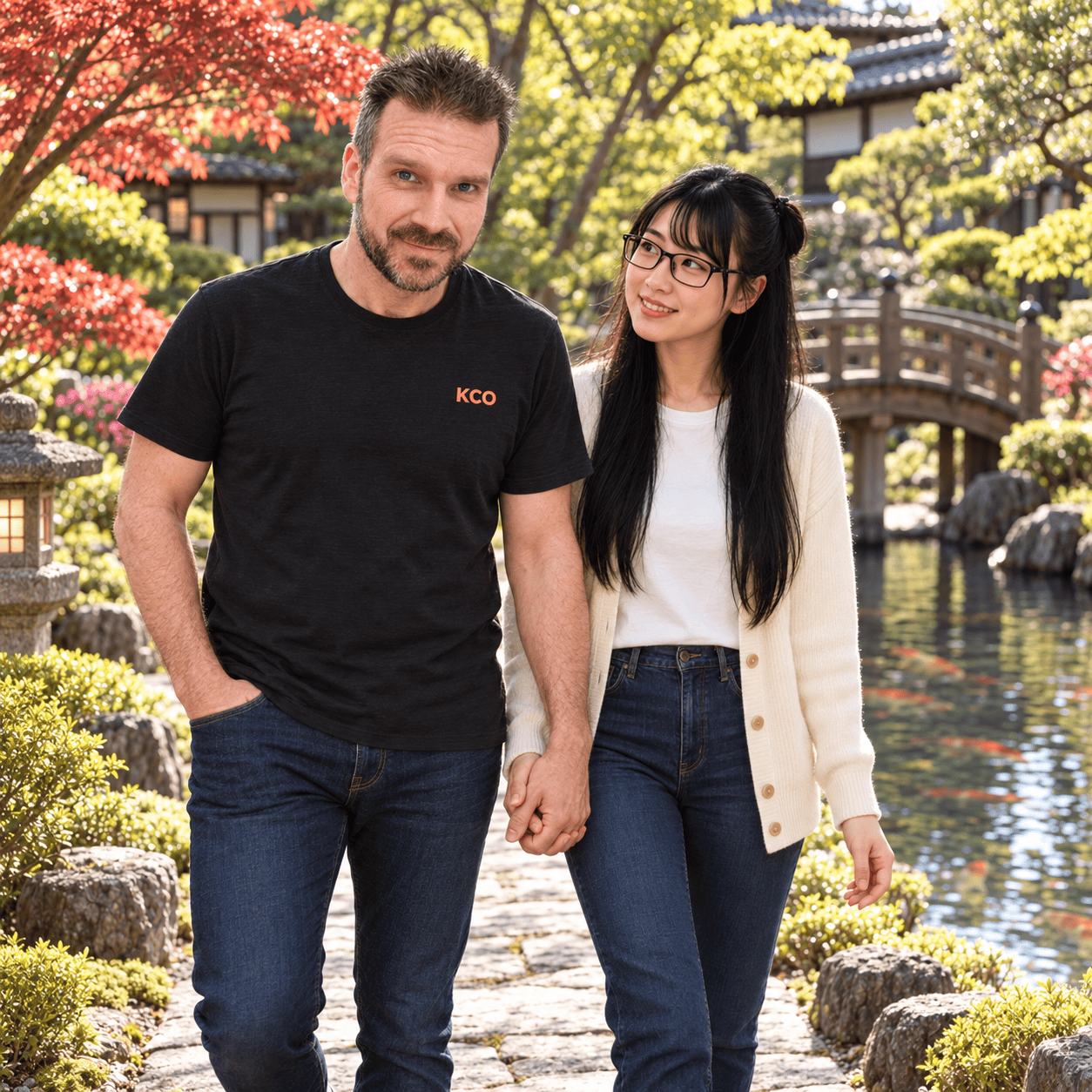 AI-generated scene: Karel and Yumi holding hands beside a pond in a Japanese garden