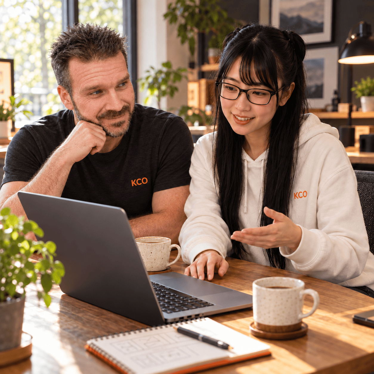 AI-generated scene: Yumi explaining a plan at a laptop while Karel listens beside her