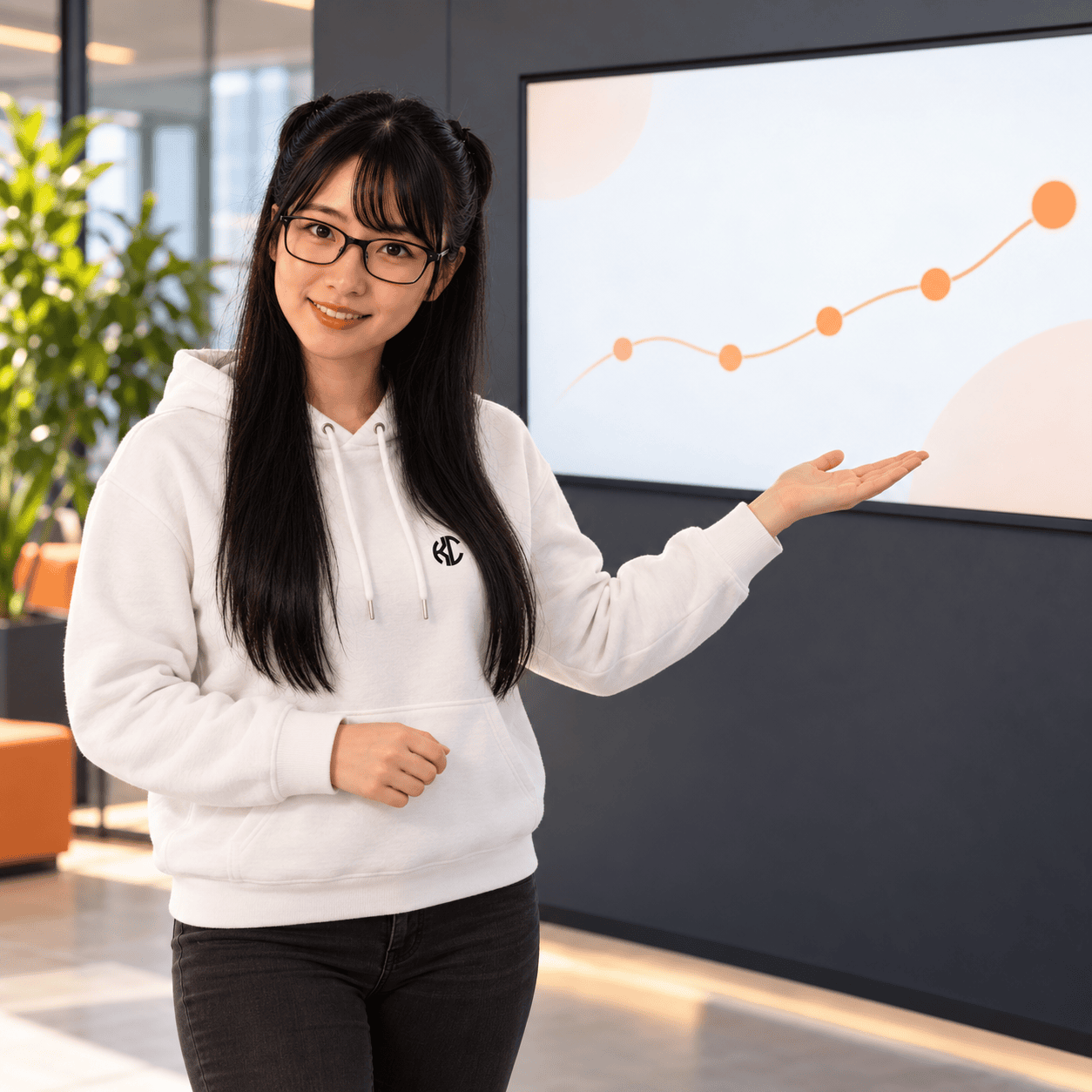 Yumi in her white KCO hoodie, welcoming you and presenting the process in a bright office
